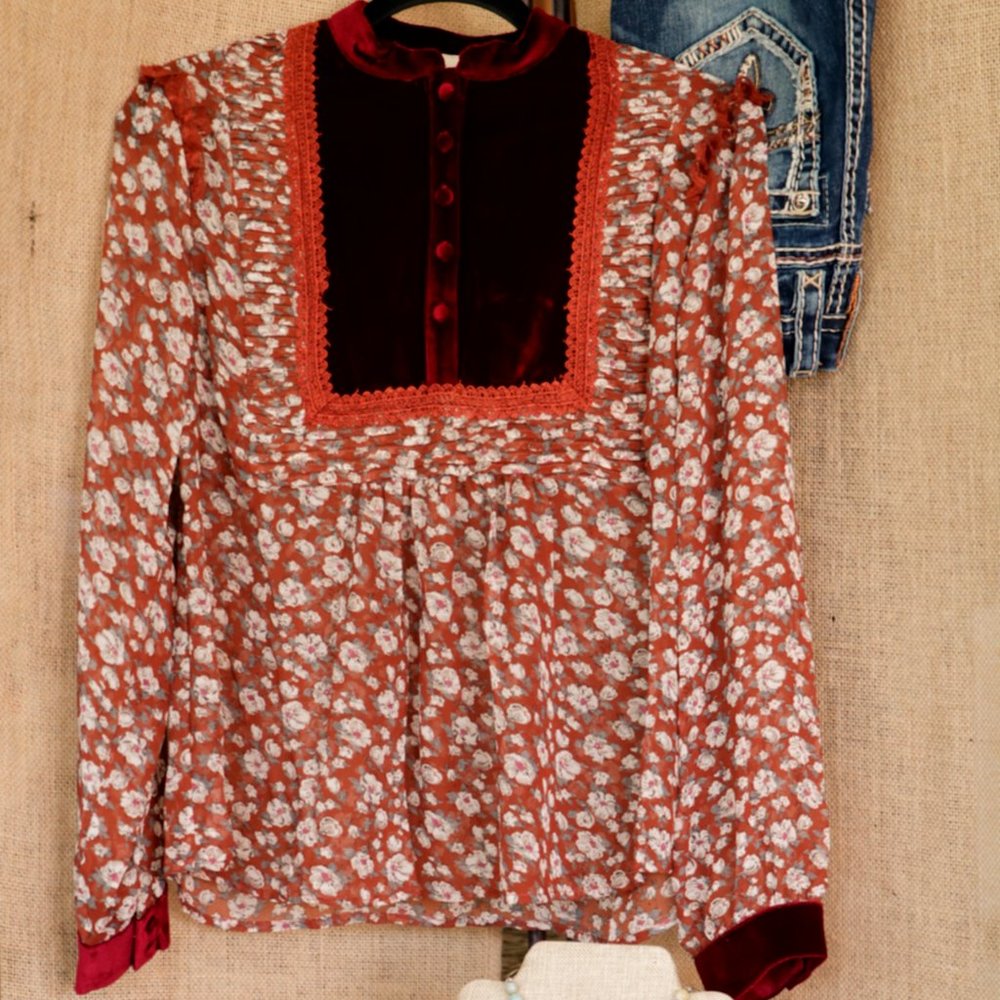 Burnt Orange and Maroon Peasant Top!
